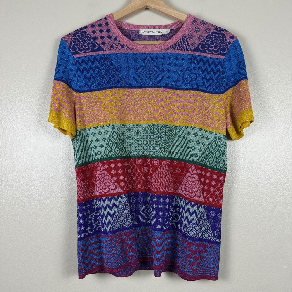 Mary Katrantzou Women's L Knit Top Multicolor Metallic Rainbow Geometric Italy